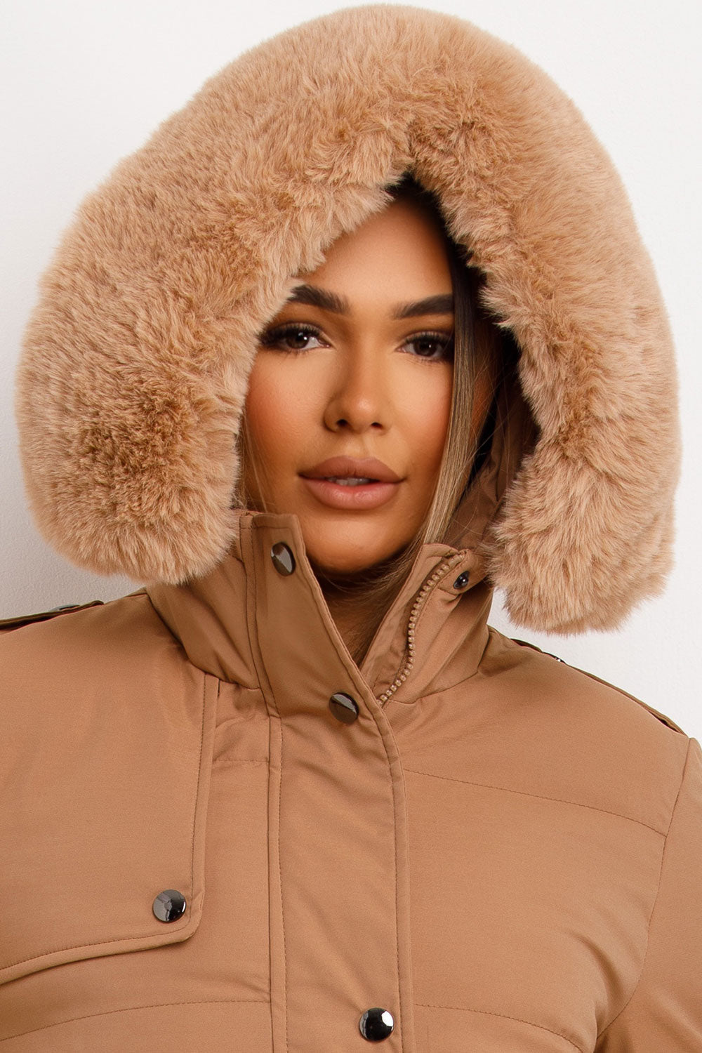 Long Puffer Trench Coat With Belt And Faux Fur Hood Camel