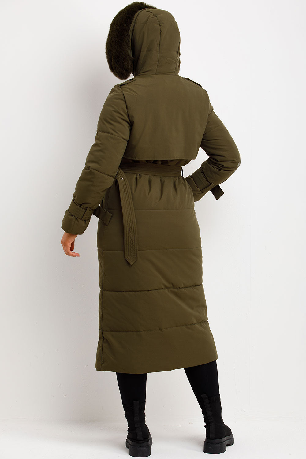 Long Puffer Trench Coat With Belt And Faux Fur Hood Khaki