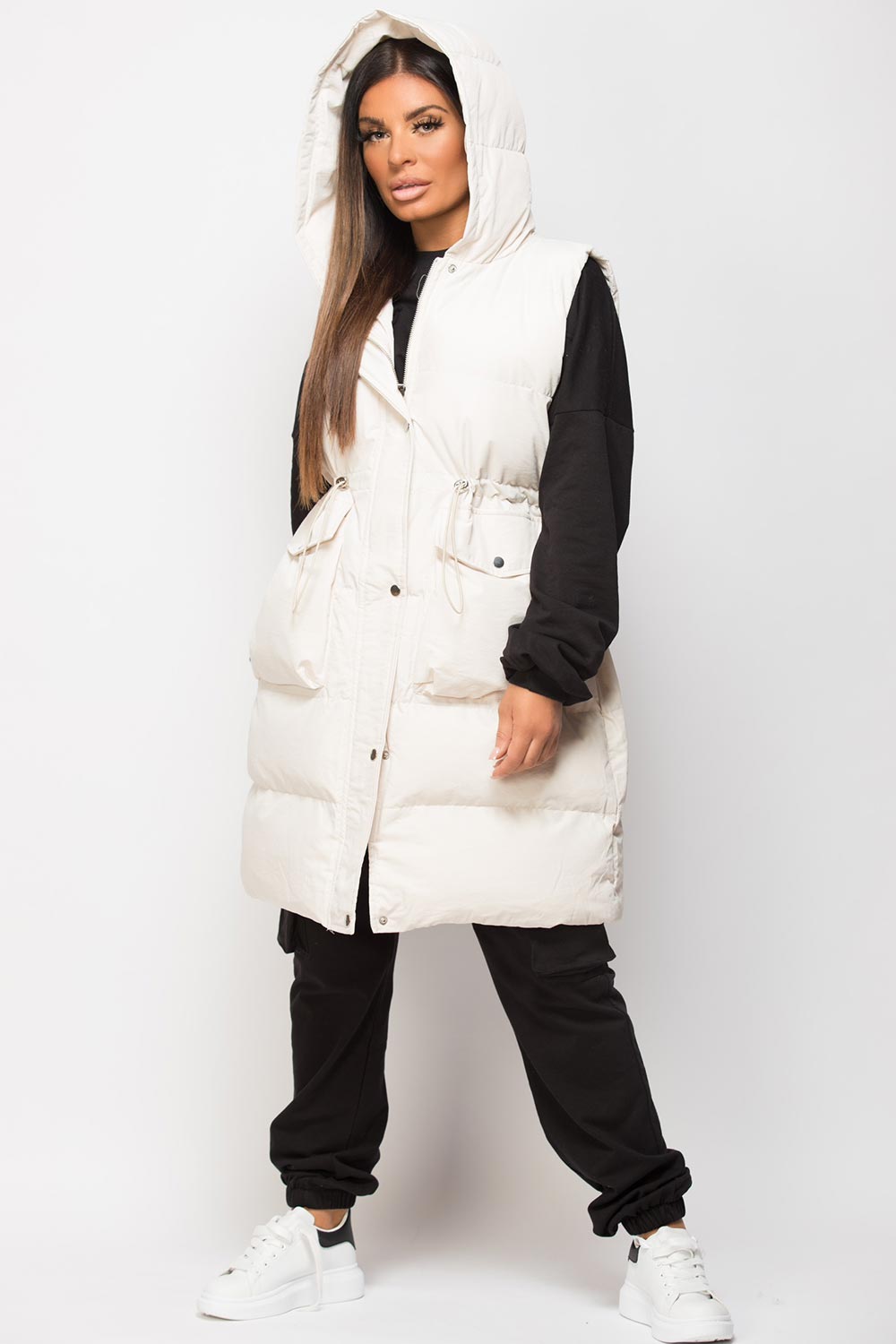 Padded Longline Gilet With Drawstring Waist Beige