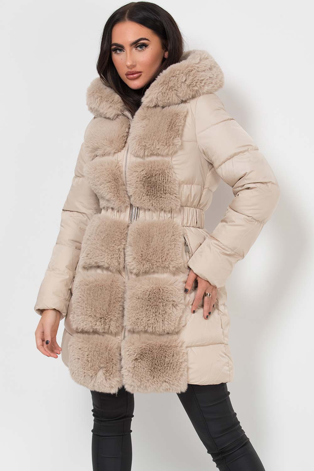 Long Puffer Coat With Faux Fur Hood And Trim Beige