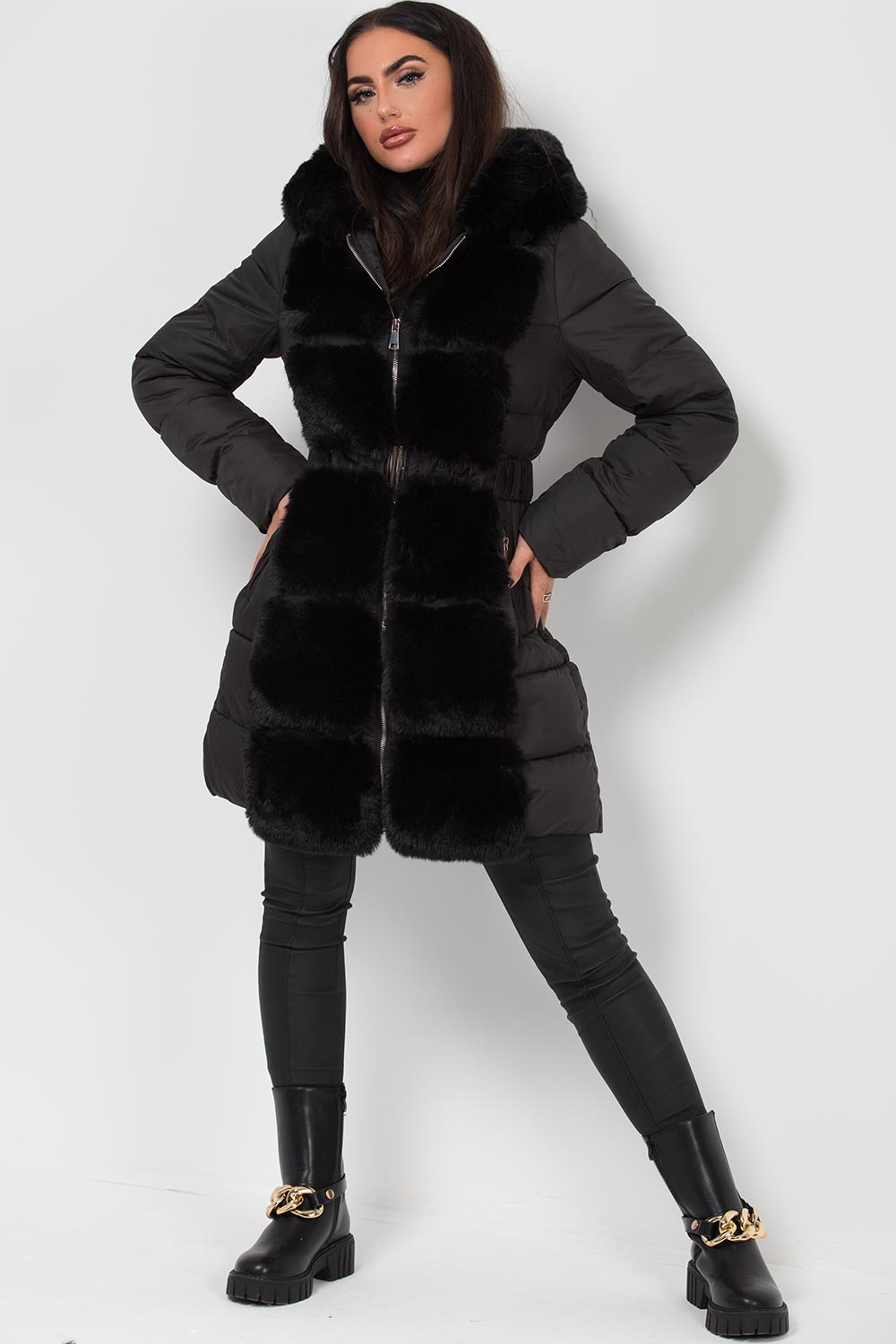 Long Puffer Coat With Faux Fur Hood And Trim Black