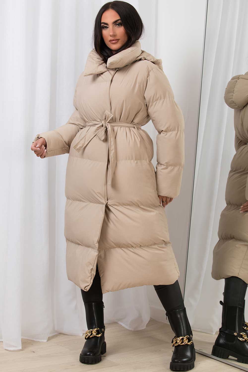 Long Duvet Coat With Hood Beige