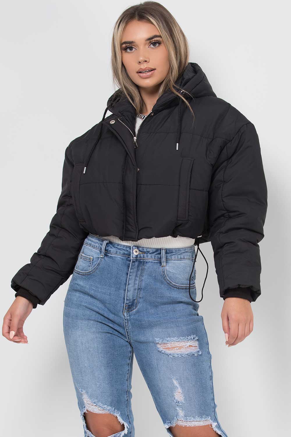 Black Crop Puffer Jacket With Hood