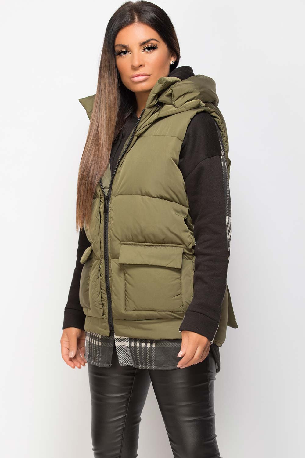 Padded Gilet With Belt And Detachable Hood Khaki