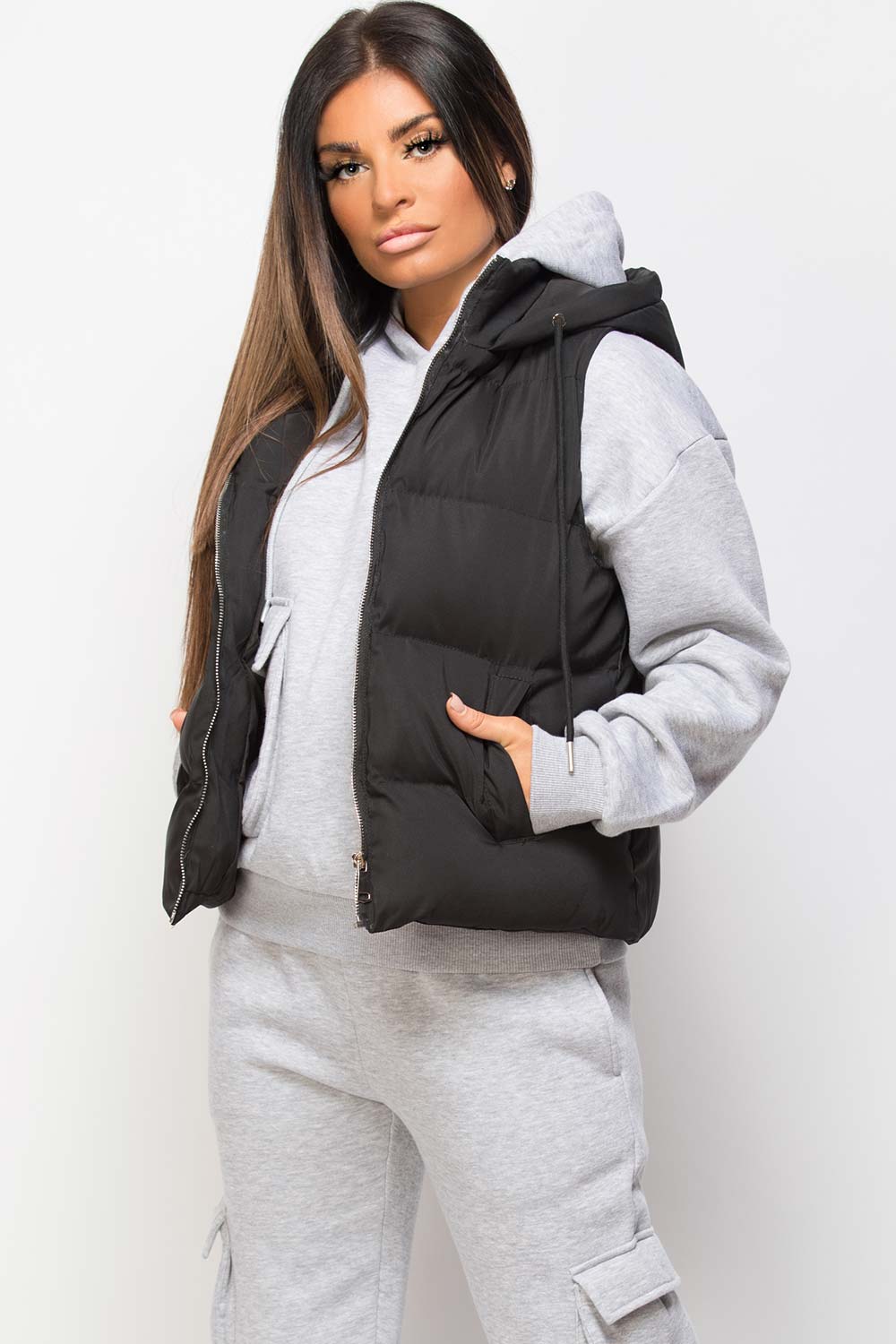 Black Hooded Gilet Sleeveless Jacket