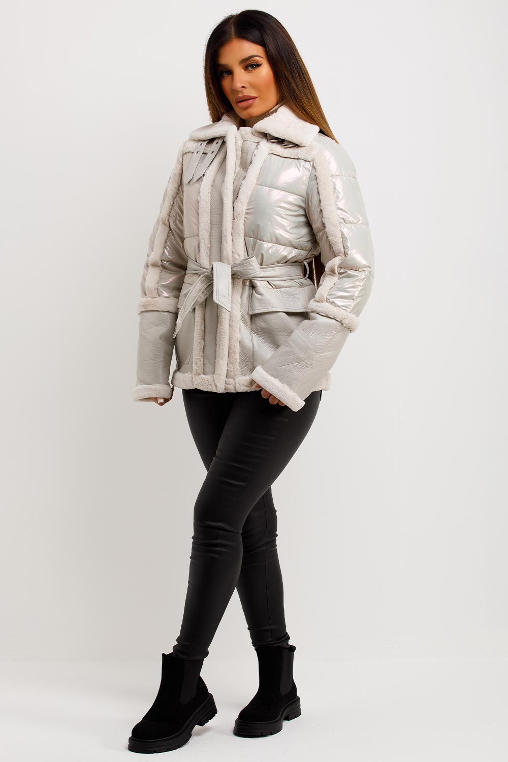 Faux Fur Trim Faux Suede Jacket In Ivory