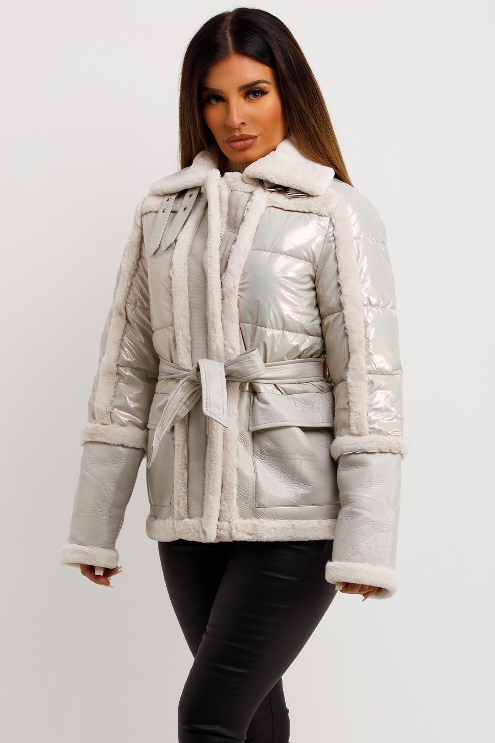 Faux Fur Trim Faux Suede Jacket In Ivory