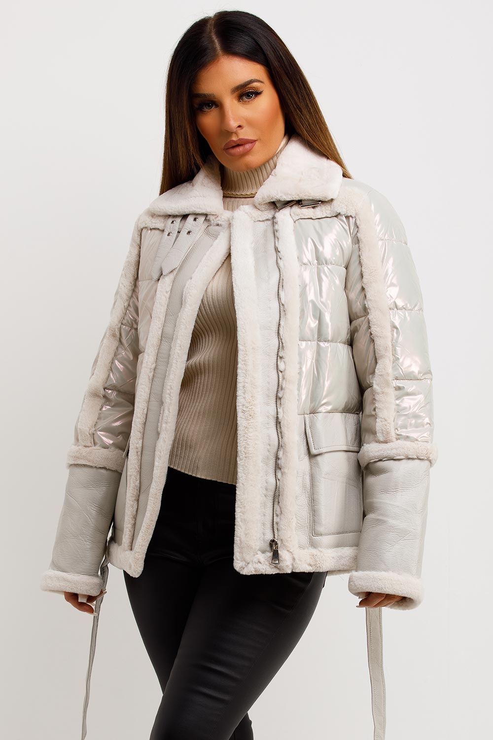 Faux Fur Trim Faux Suede Jacket In Ivory