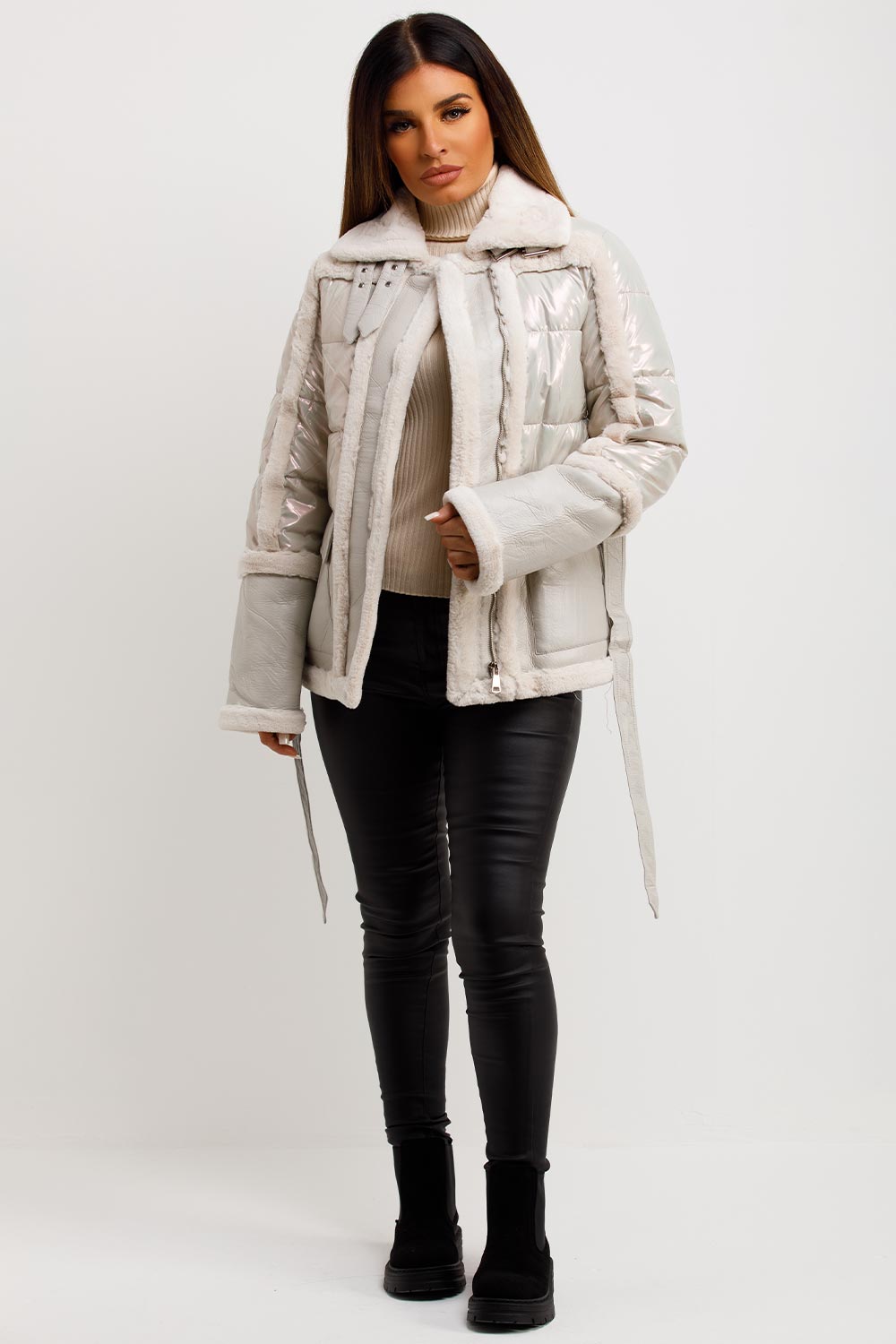 Faux Fur Trim Faux Suede Jacket In Ivory