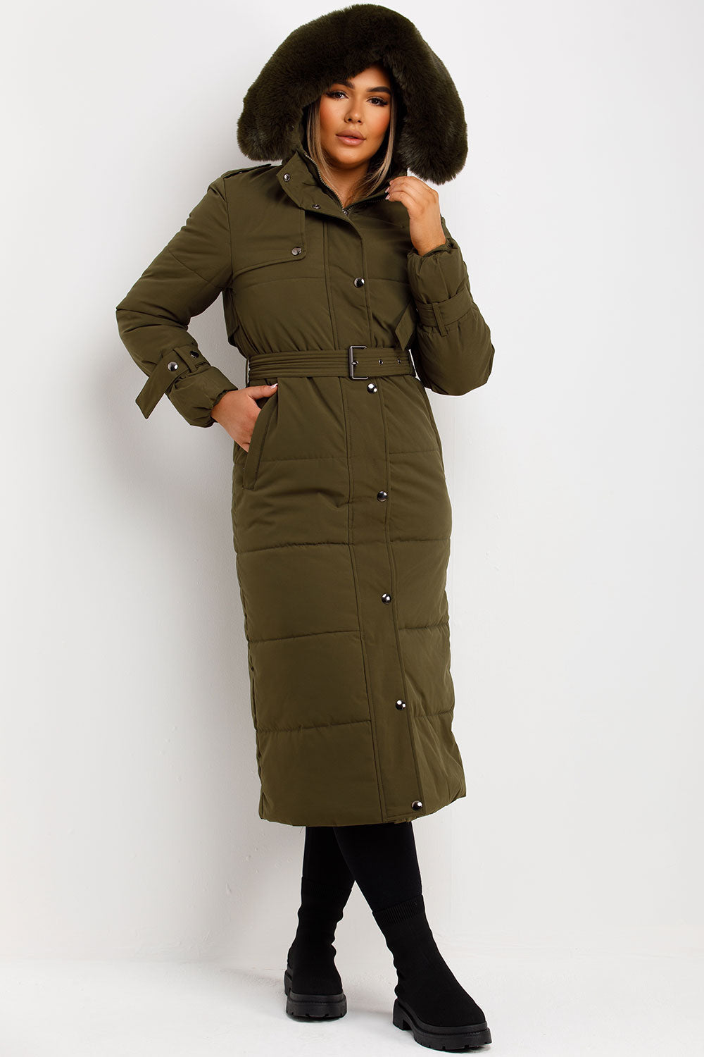 Long Puffer Trench Coat With Belt And Faux Fur Hood Khaki