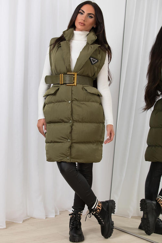 Khaki Long Puffer Gilet With Lapel Collar & Belt