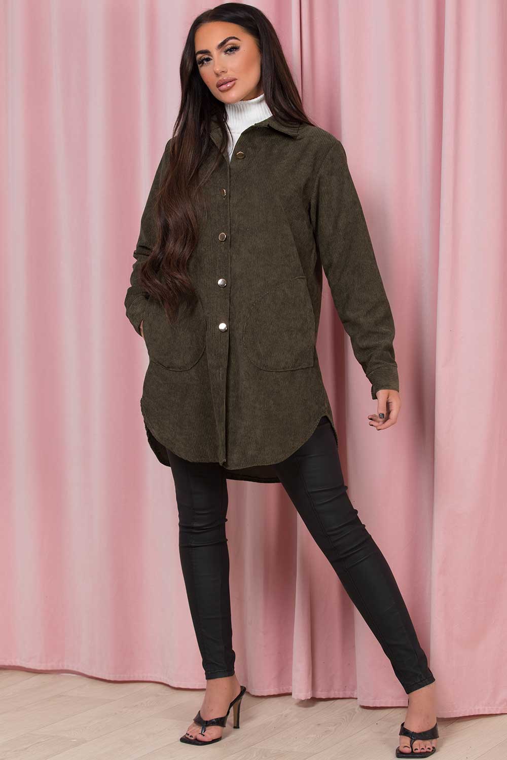 Khaki Oversized Cord Shacket Jacket