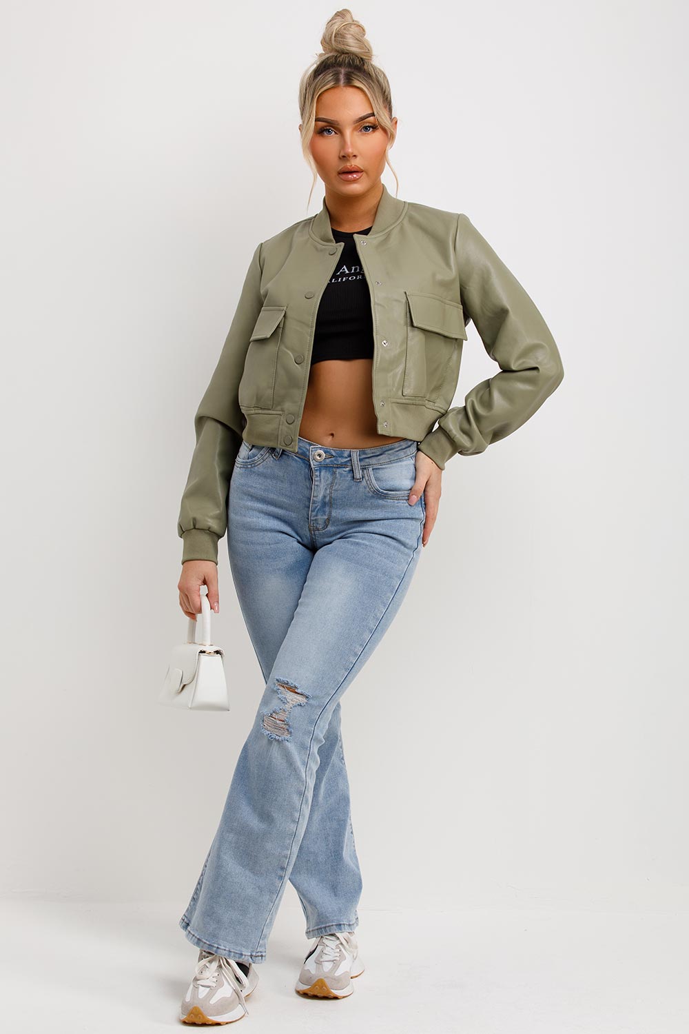 Faux Leather Bomber Jacket Khaki