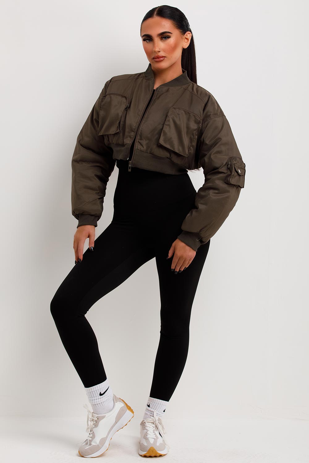 Crop Bomber Jacket With Pockets Khaki