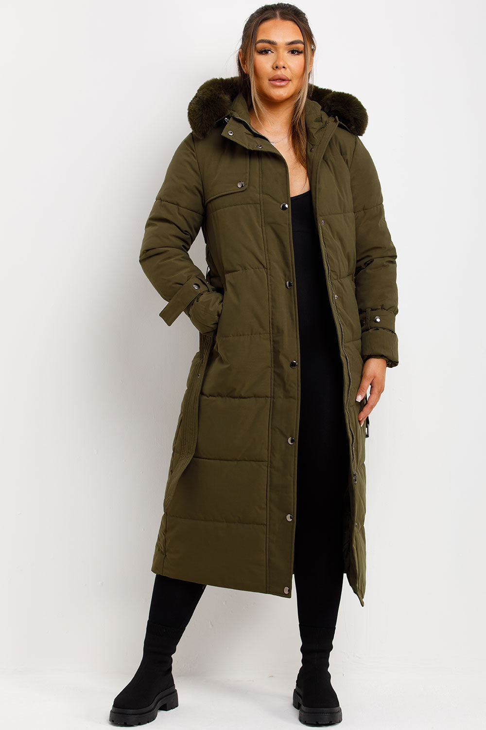 Long Puffer Trench Coat With Belt And Faux Fur Hood Khaki