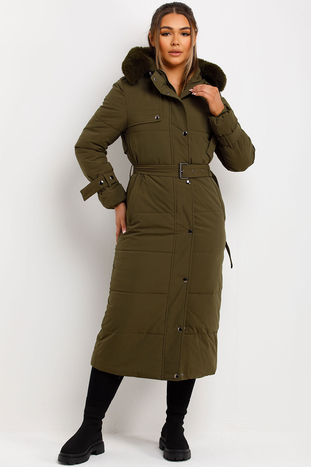 Long Puffer Trench Coat With Belt And Faux Fur Hood Khaki