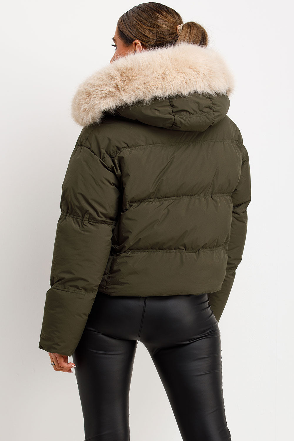 Puffer Jacket With Faux Fur Hood Khaki