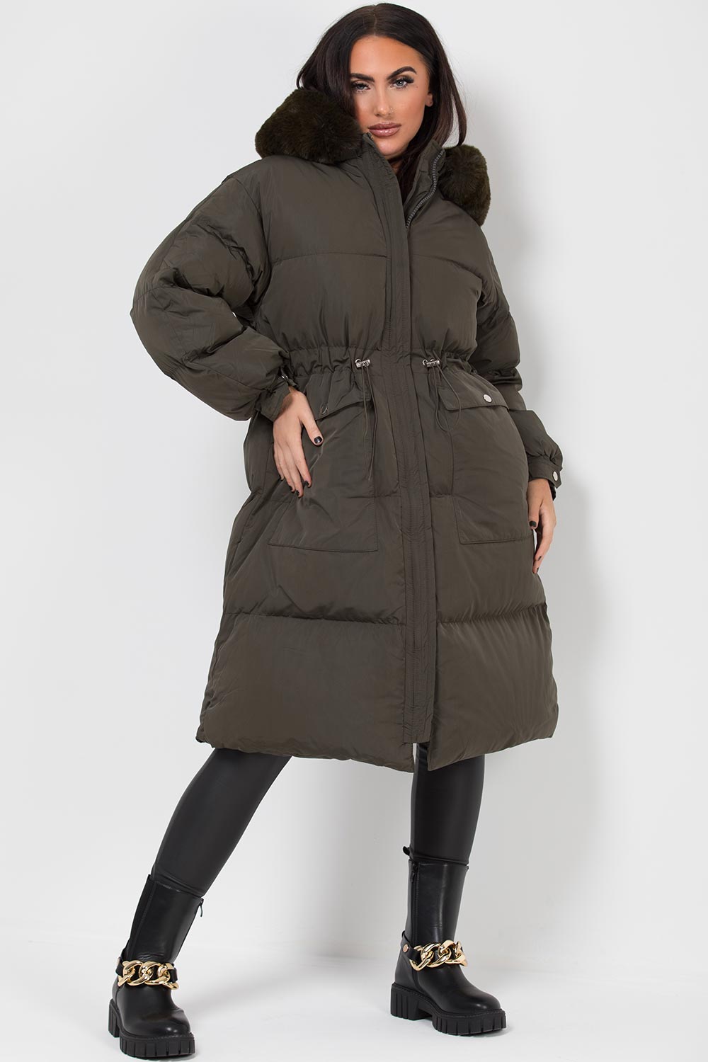 Long Puffer Coat With Faux Fur Hood And Drawstring Waist Khaki