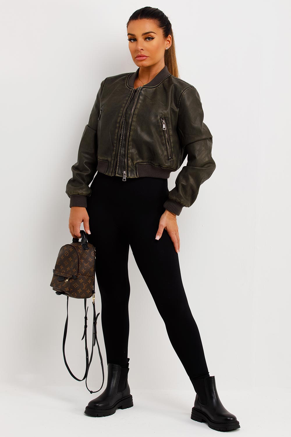 Faux Leather Bomber Jacket Khaki