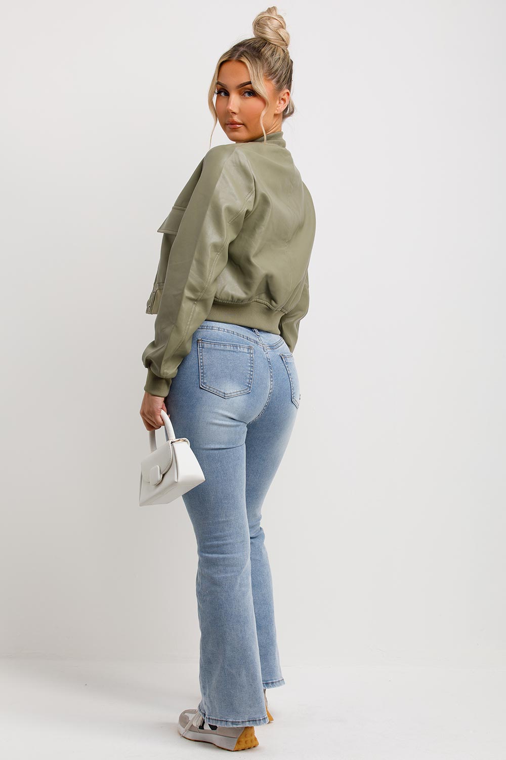 Faux Leather Bomber Jacket Khaki