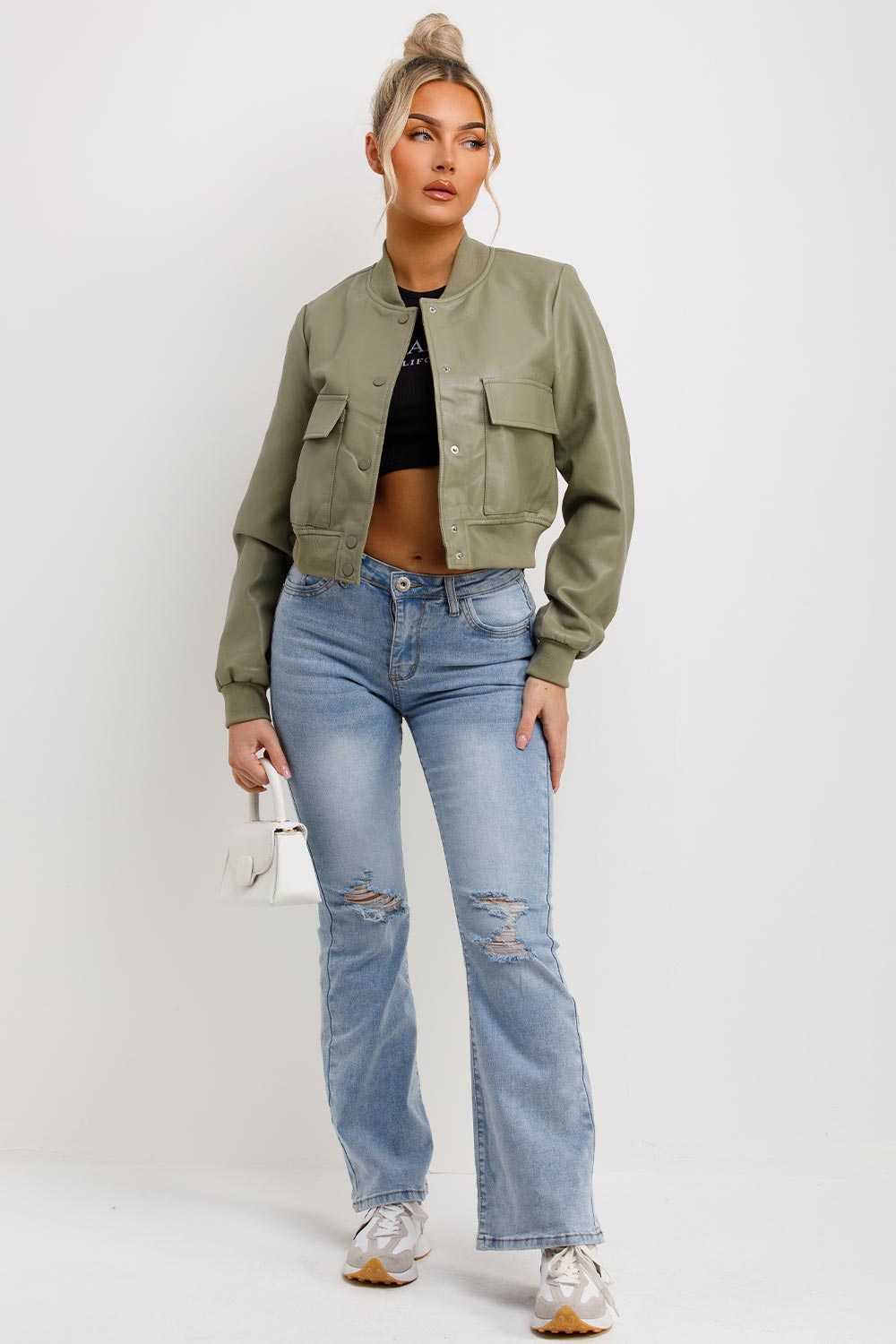 Faux Leather Bomber Jacket Khaki