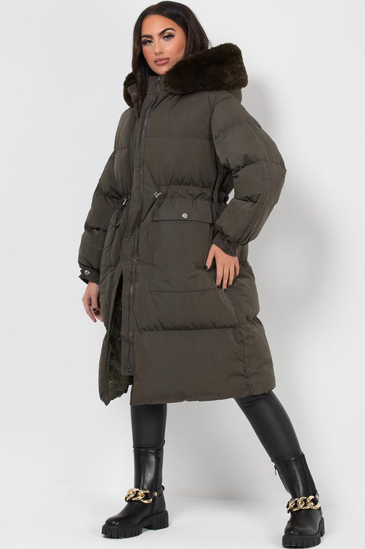 Long Puffer Coat With Faux Fur Hood And Drawstring Waist Khaki