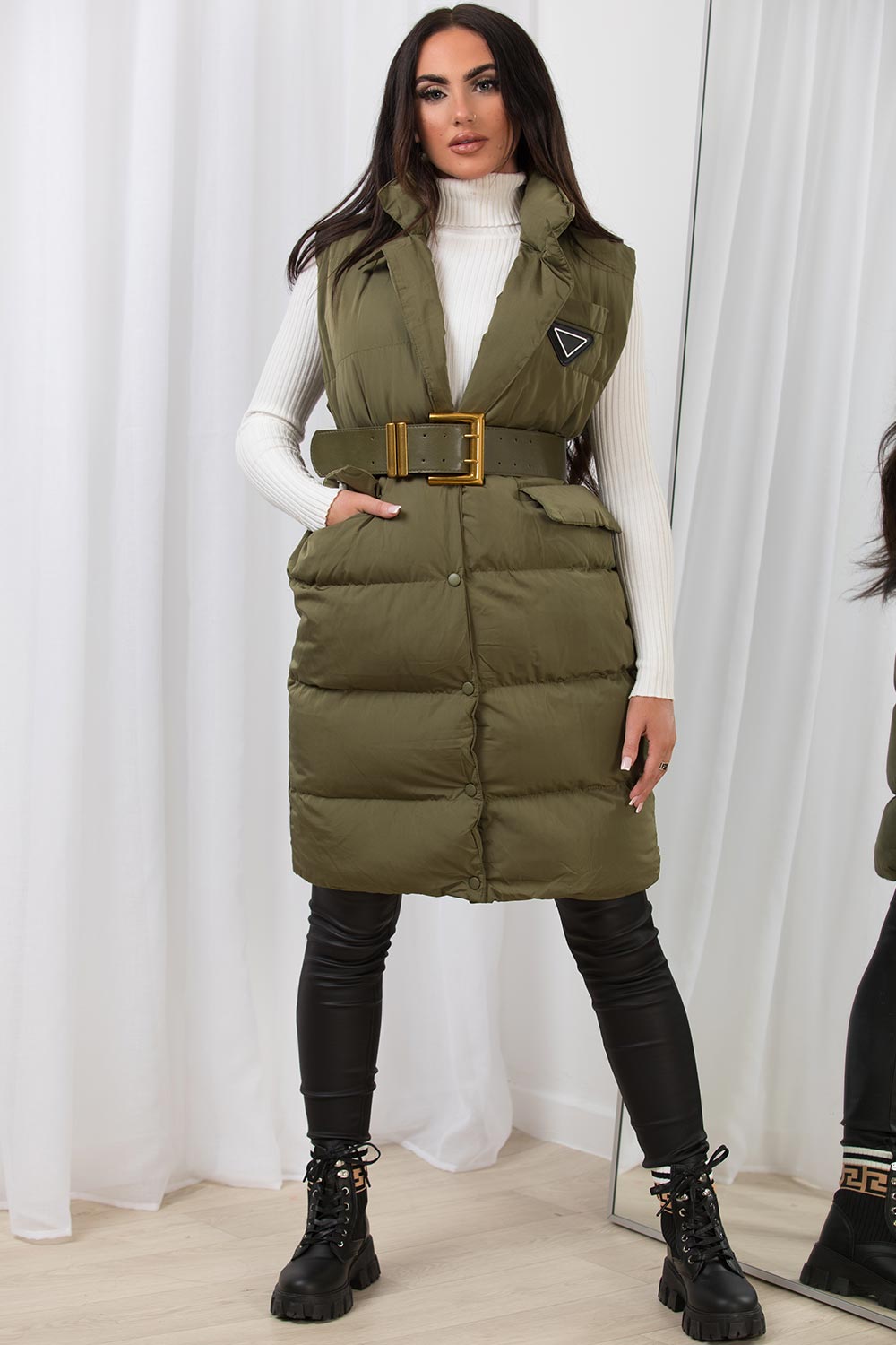 Khaki Long Puffer Gilet With Lapel Collar & Belt