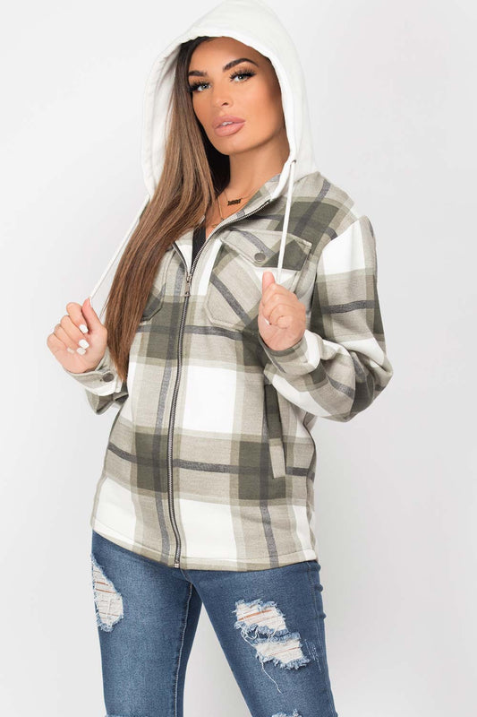 Khaki Check Hooded Shacket