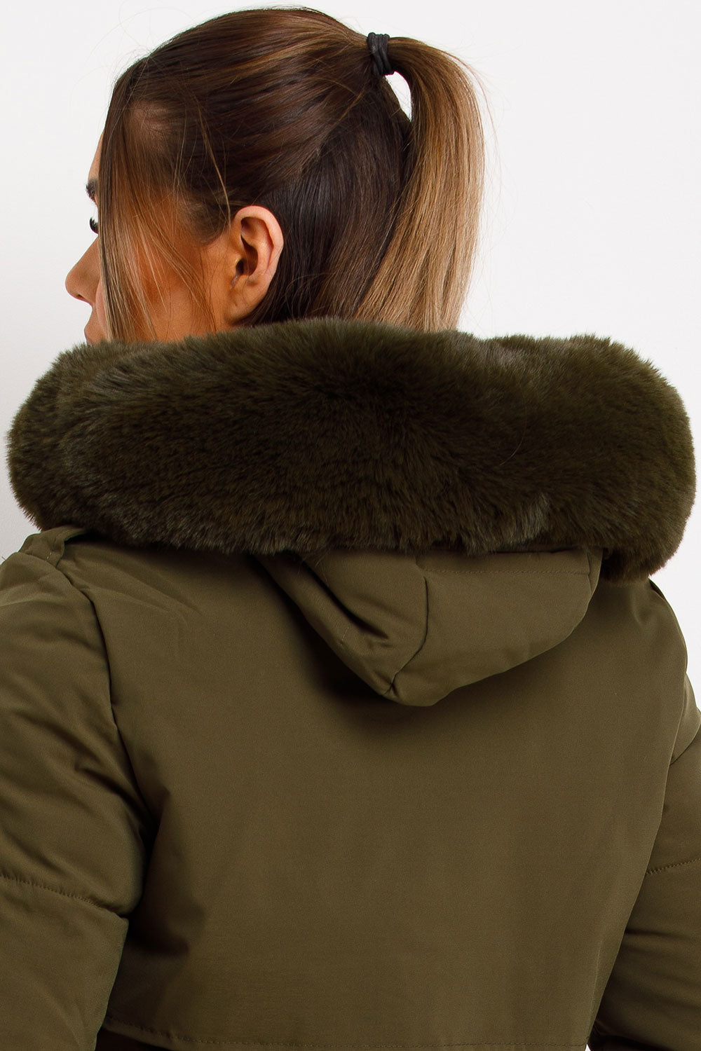 Long Puffer Trench Coat With Belt And Faux Fur Hood Khaki