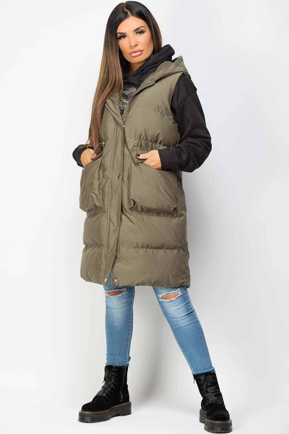 Khaki Padded Longline Gilet With Drawstring Waist