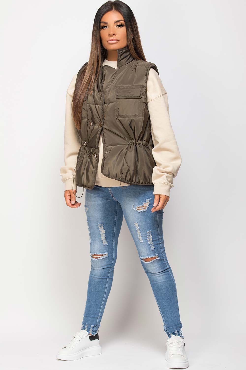 Khaki Gilet With Drawstring Waist