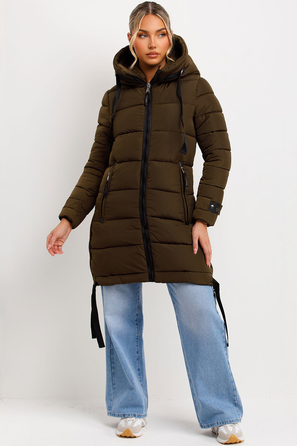 Long Puffer Coat With Hood And Side Straps Khaki