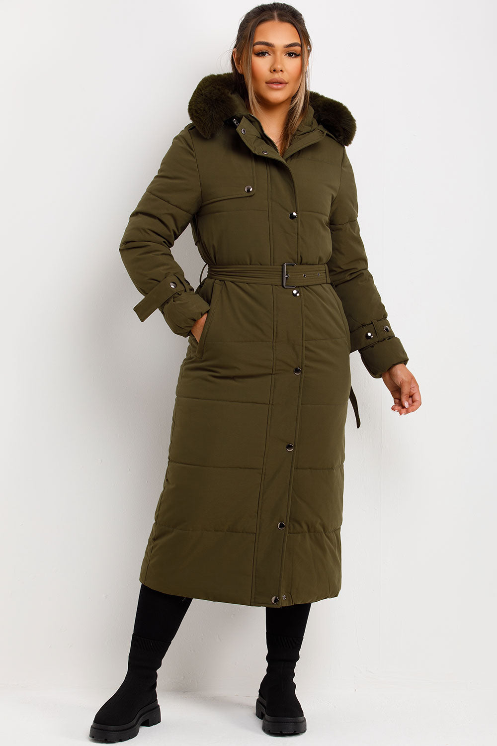 Long Puffer Trench Coat With Belt And Faux Fur Hood Khaki