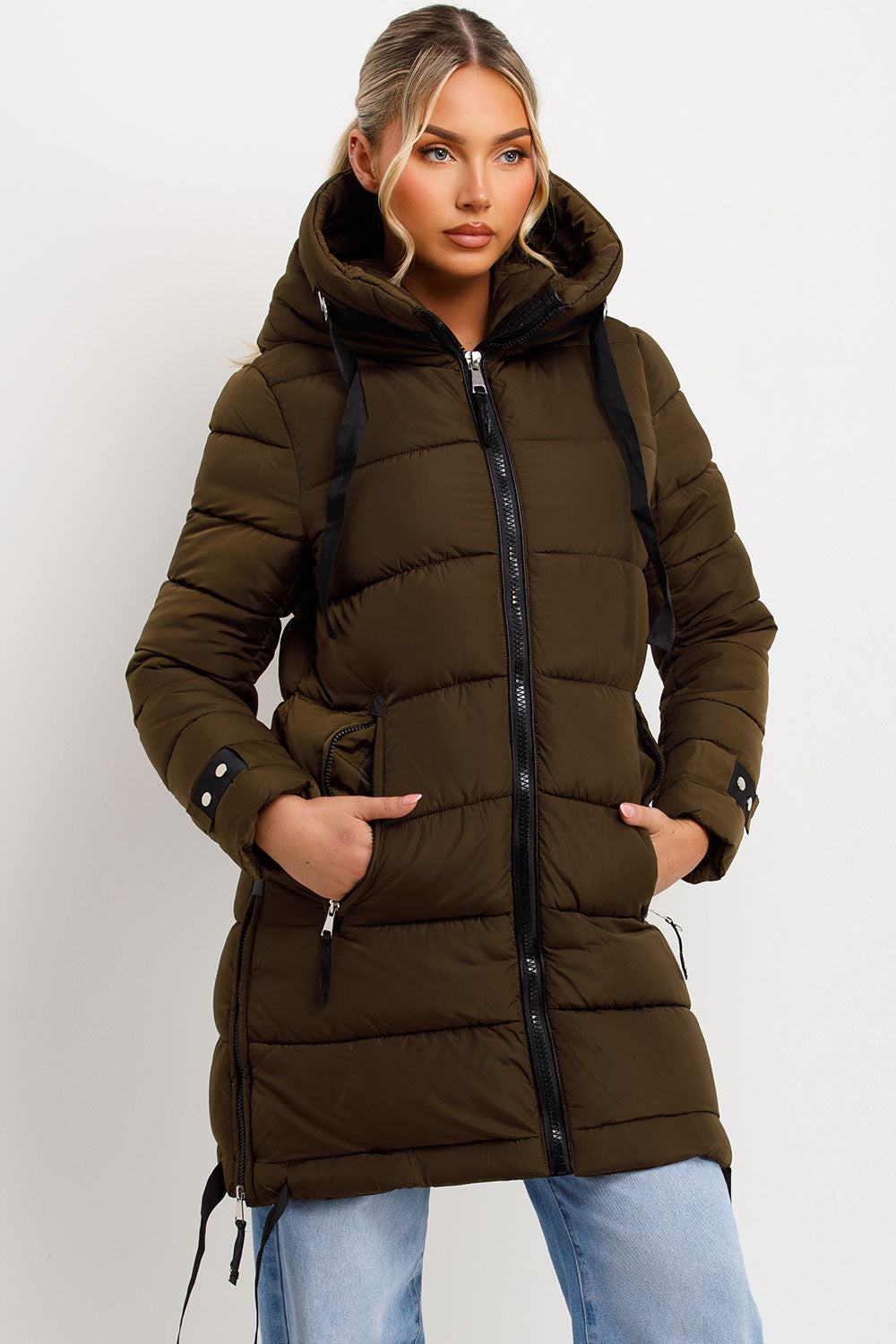 Long Puffer Coat With Hood And Side Straps Khaki