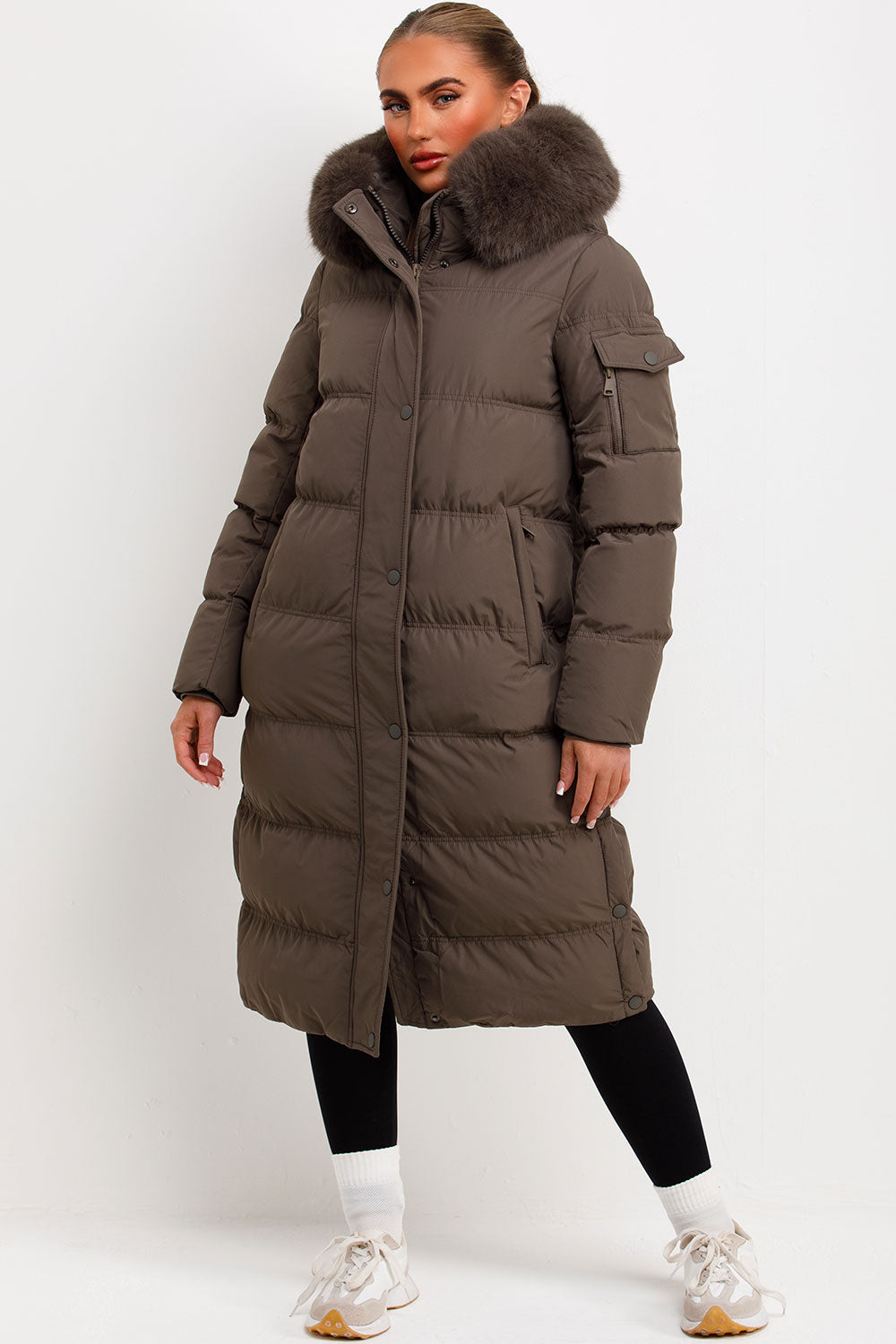 Long Puffer Coat With Fur Hood Khaki