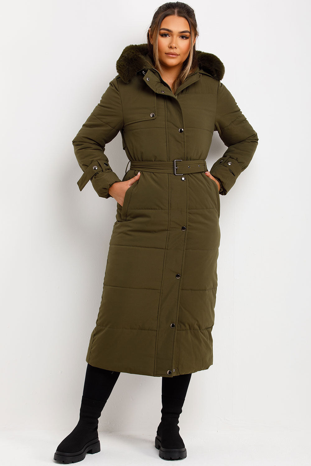 Long Puffer Trench Coat With Belt And Faux Fur Hood Khaki