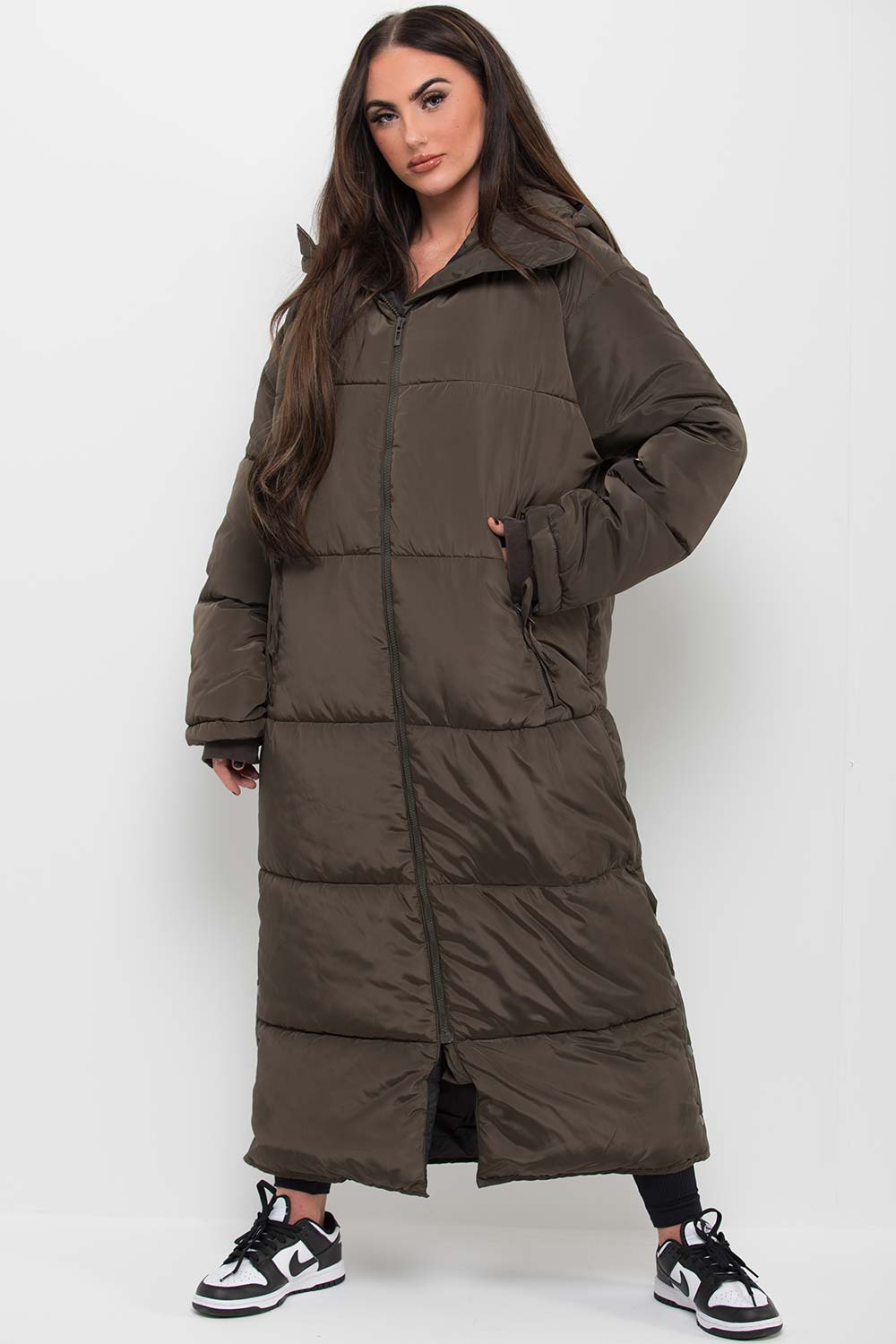 Khaki Long Puffer Padded Coat With Hood