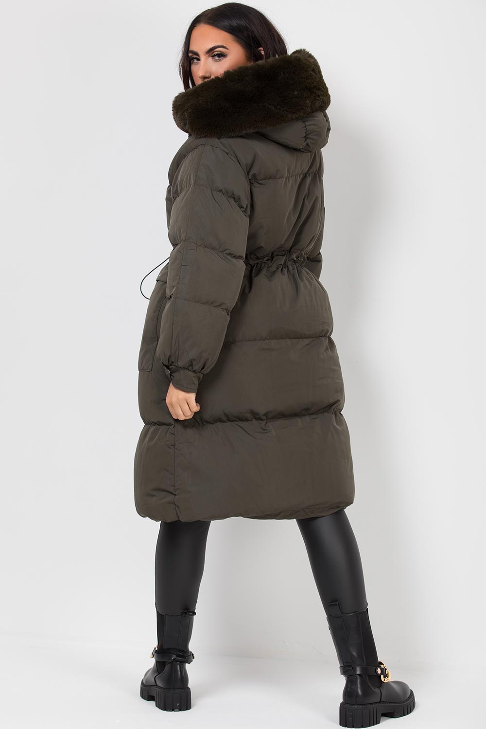 Long Puffer Coat With Faux Fur Hood And Drawstring Waist Khaki