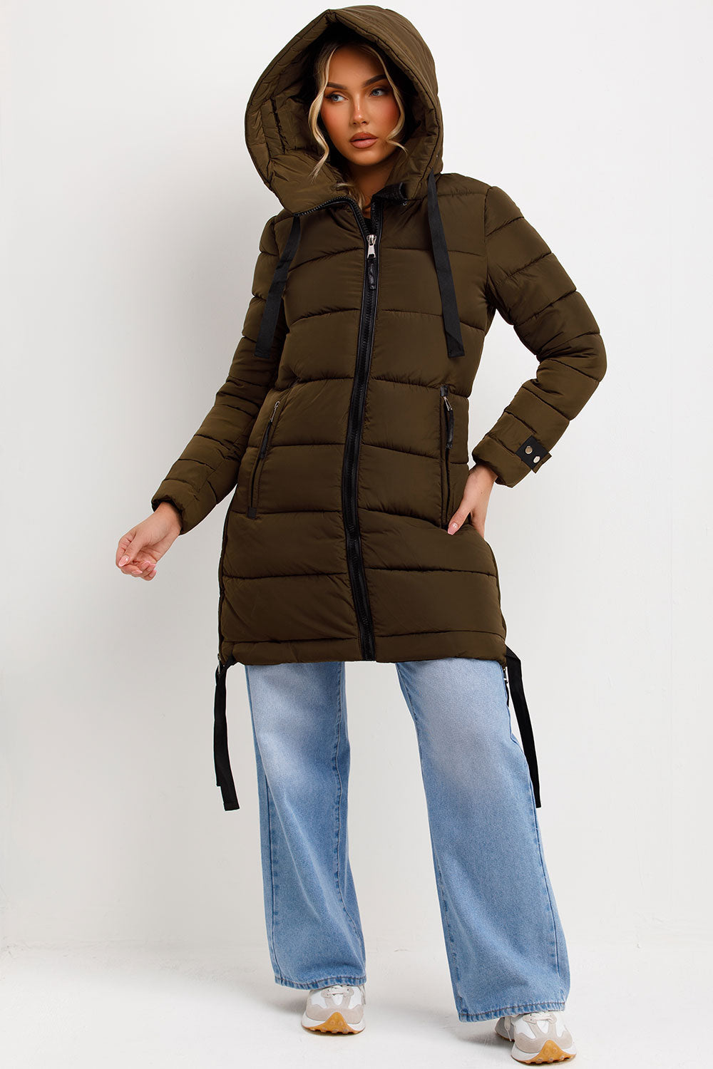 Long Puffer Coat With Hood And Side Straps Khaki