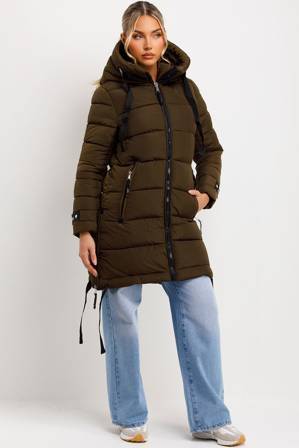 Long Puffer Coat With Hood And Side Straps Khaki