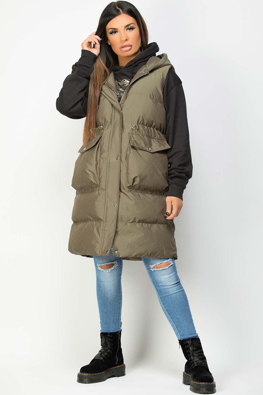 Khaki Padded Longline Gilet With Drawstring Waist