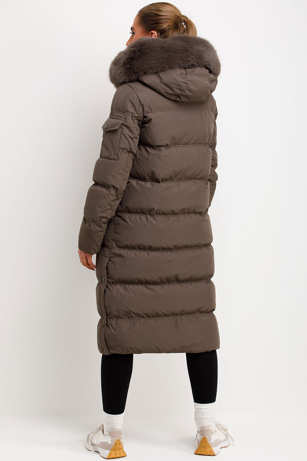 Long Puffer Coat With Fur Hood Khaki