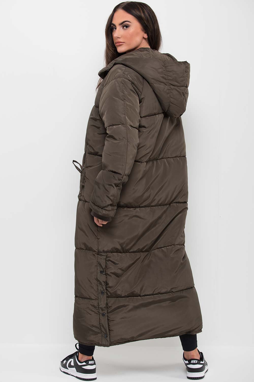 Khaki Long Puffer Padded Coat With Hood