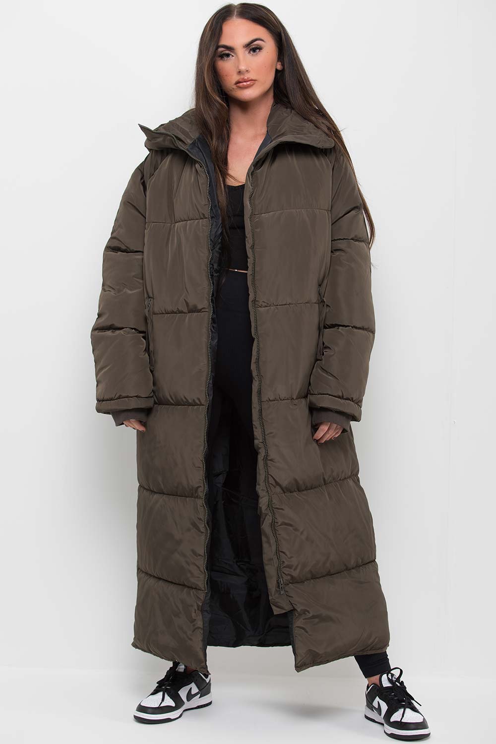 Khaki Long Puffer Padded Coat With Hood