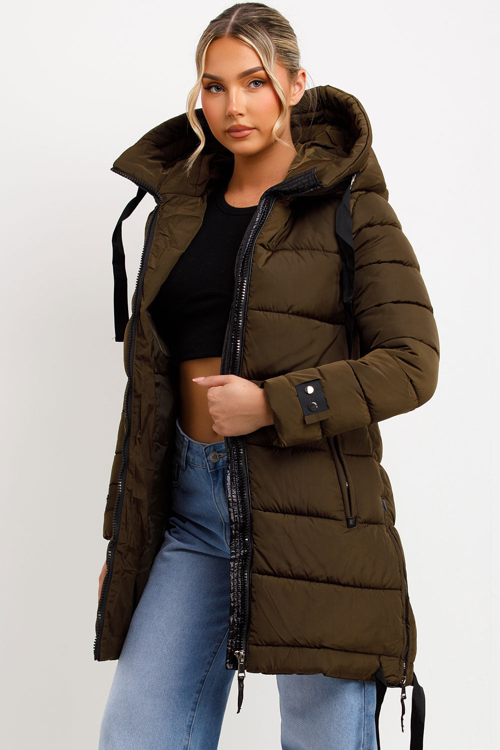 Long Puffer Coat With Hood And Side Straps Khaki