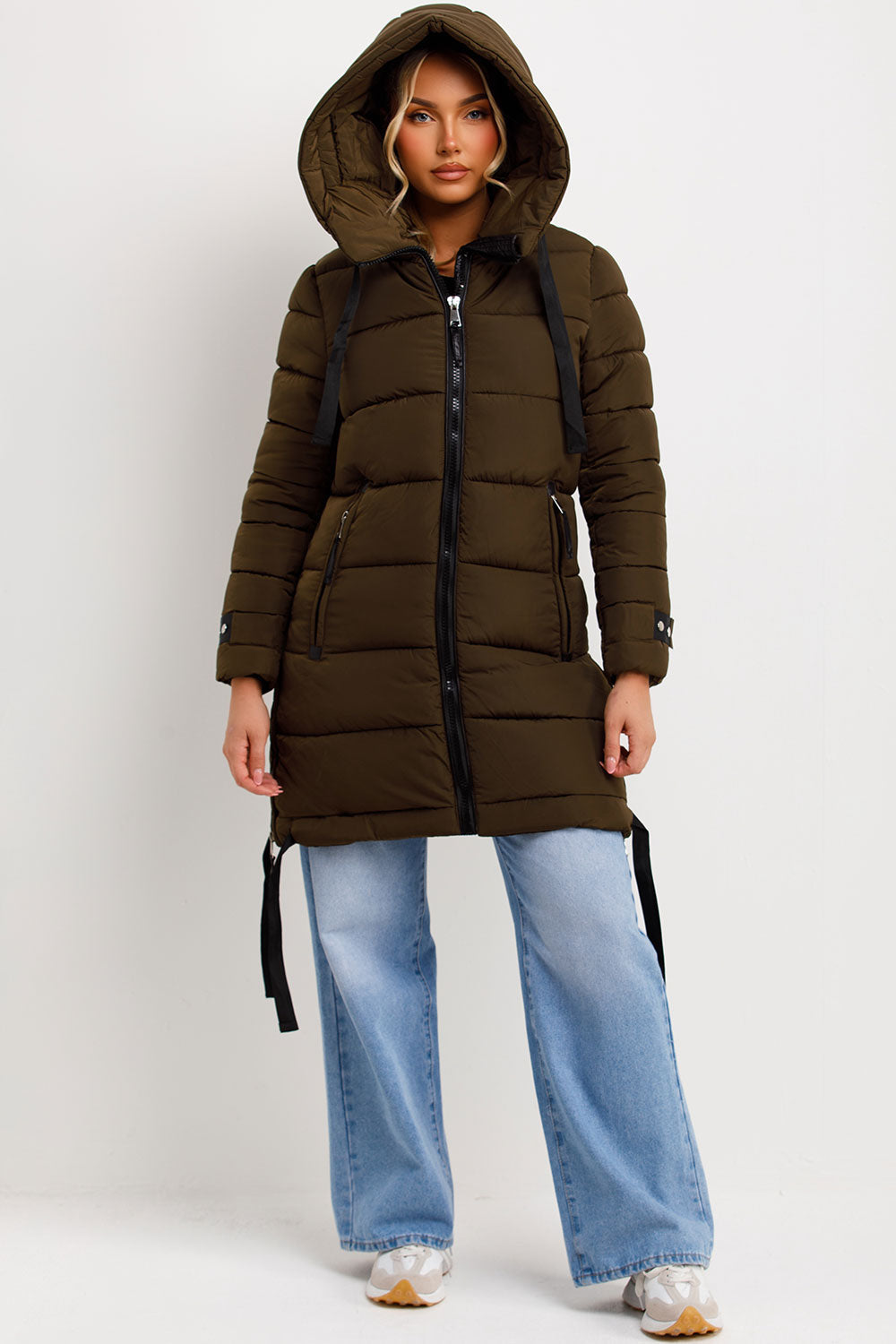 Long Puffer Coat With Hood And Side Straps Khaki