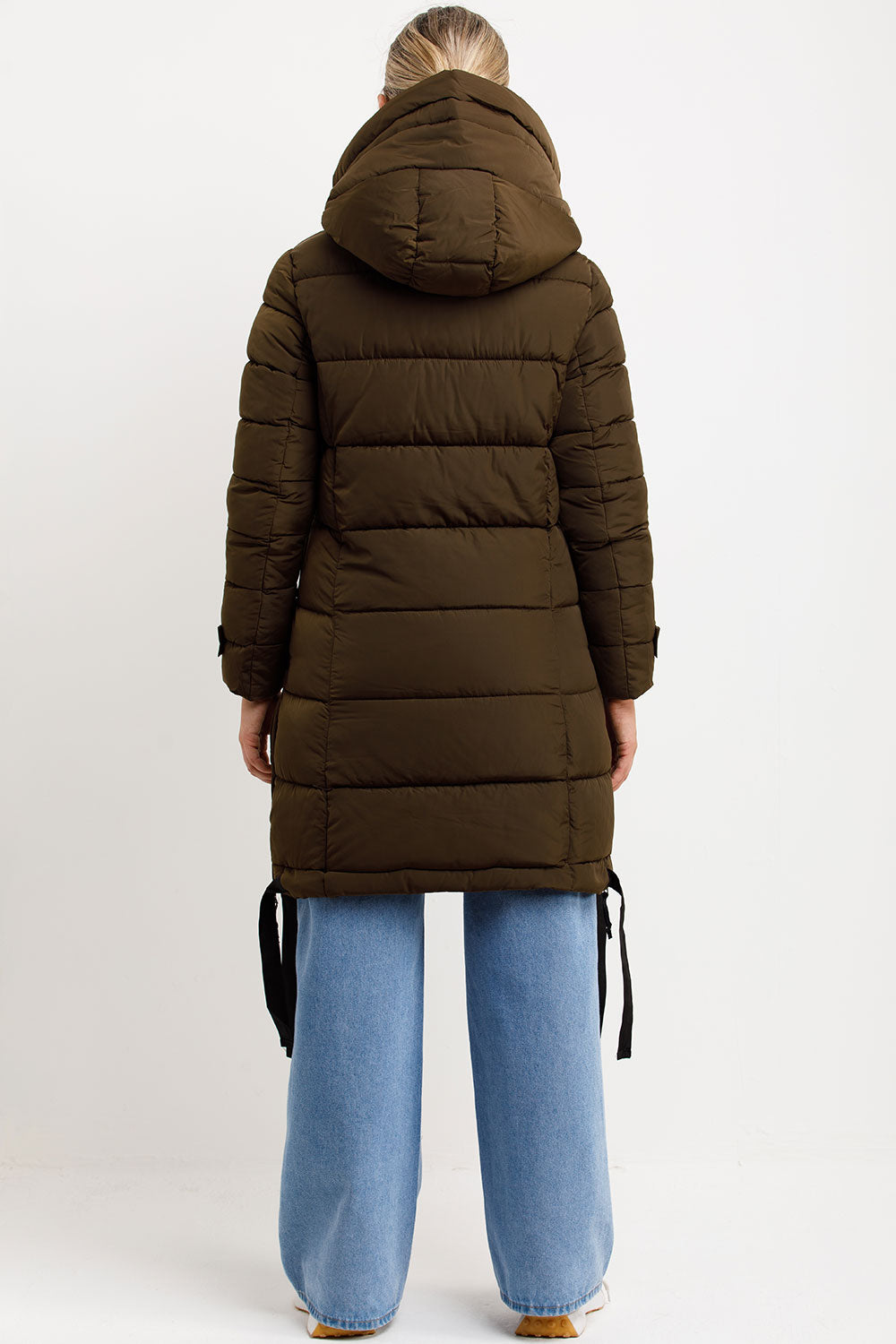 Long Puffer Coat With Hood And Side Straps Khaki