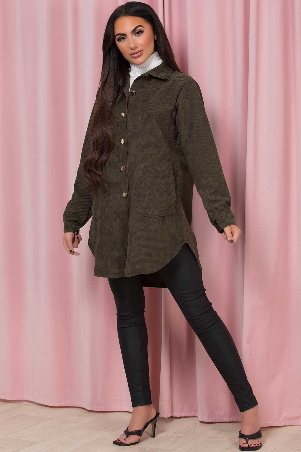 Khaki Oversized Cord Shacket Jacket