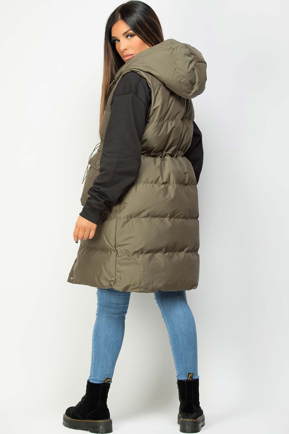 Khaki Padded Longline Gilet With Drawstring Waist