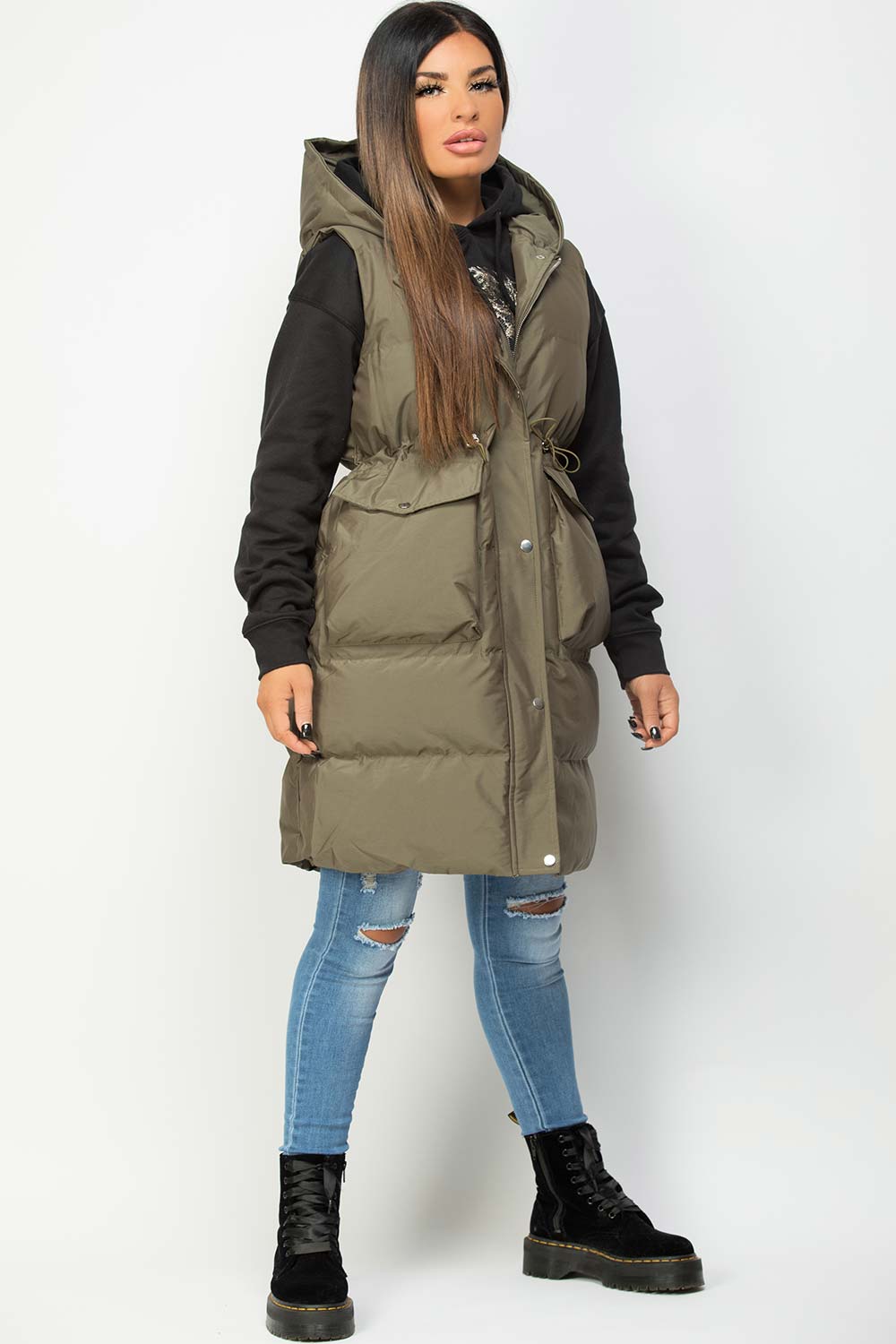 Khaki Padded Longline Gilet With Drawstring Waist